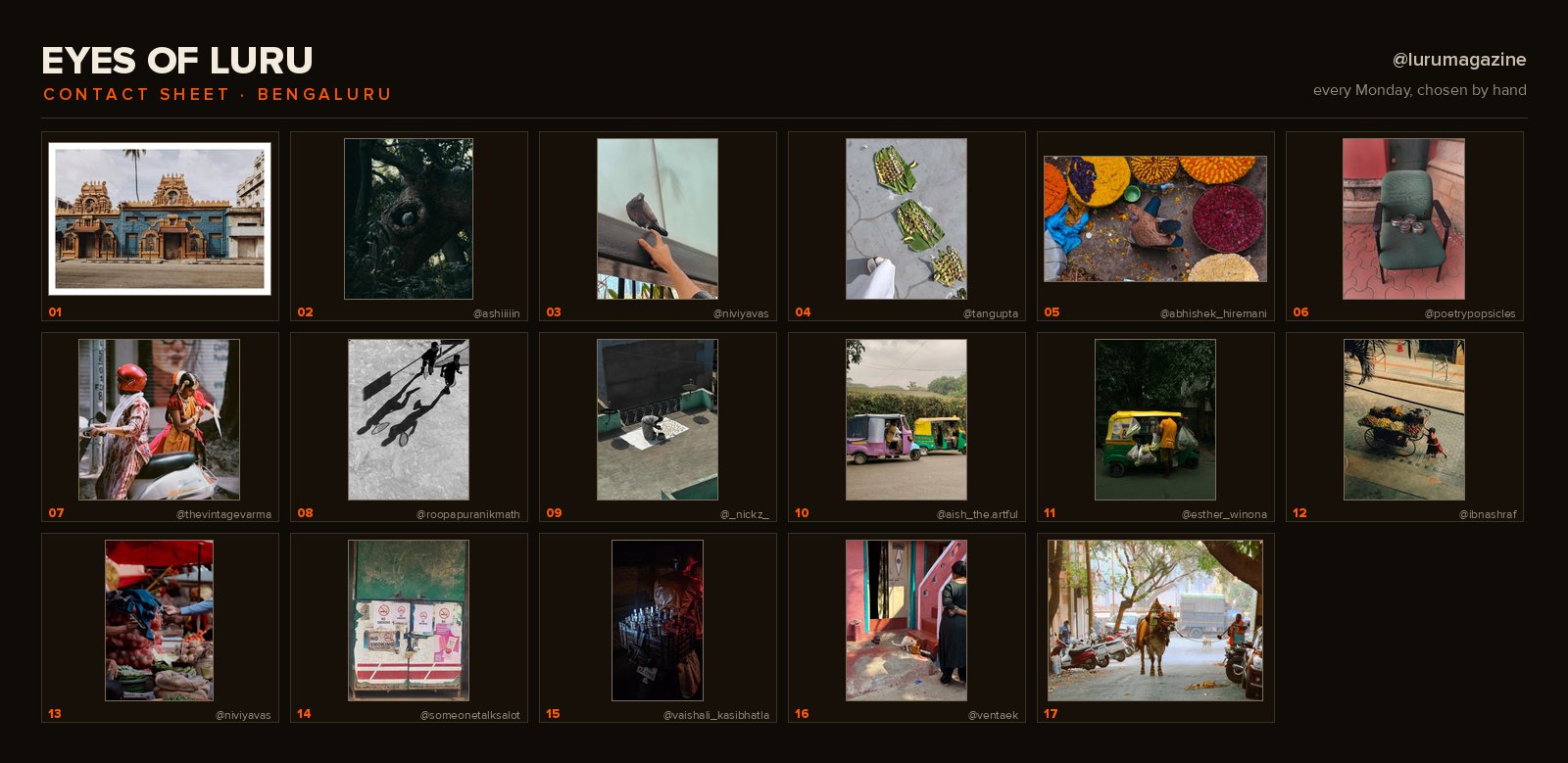 A contact sheet of Eyes of Luru photographs: a grid of small numbered frames on a dark background