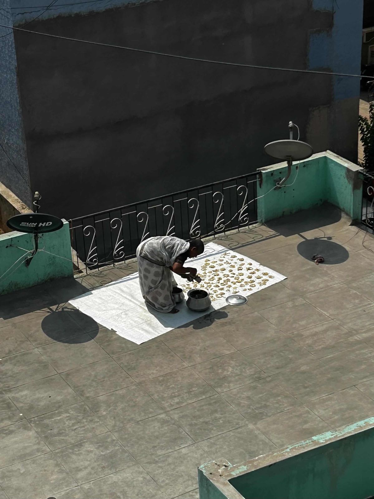 A rooftop scene seen from above